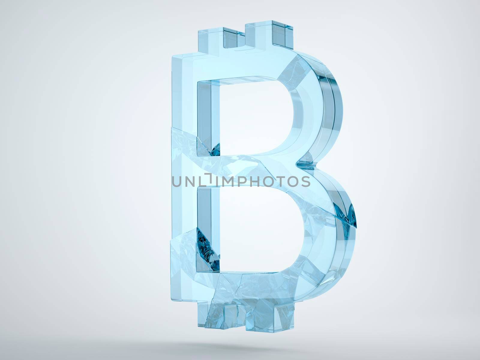 Glass bitcoin symbol shattered and broken on grey. 3d render, 3d animation
