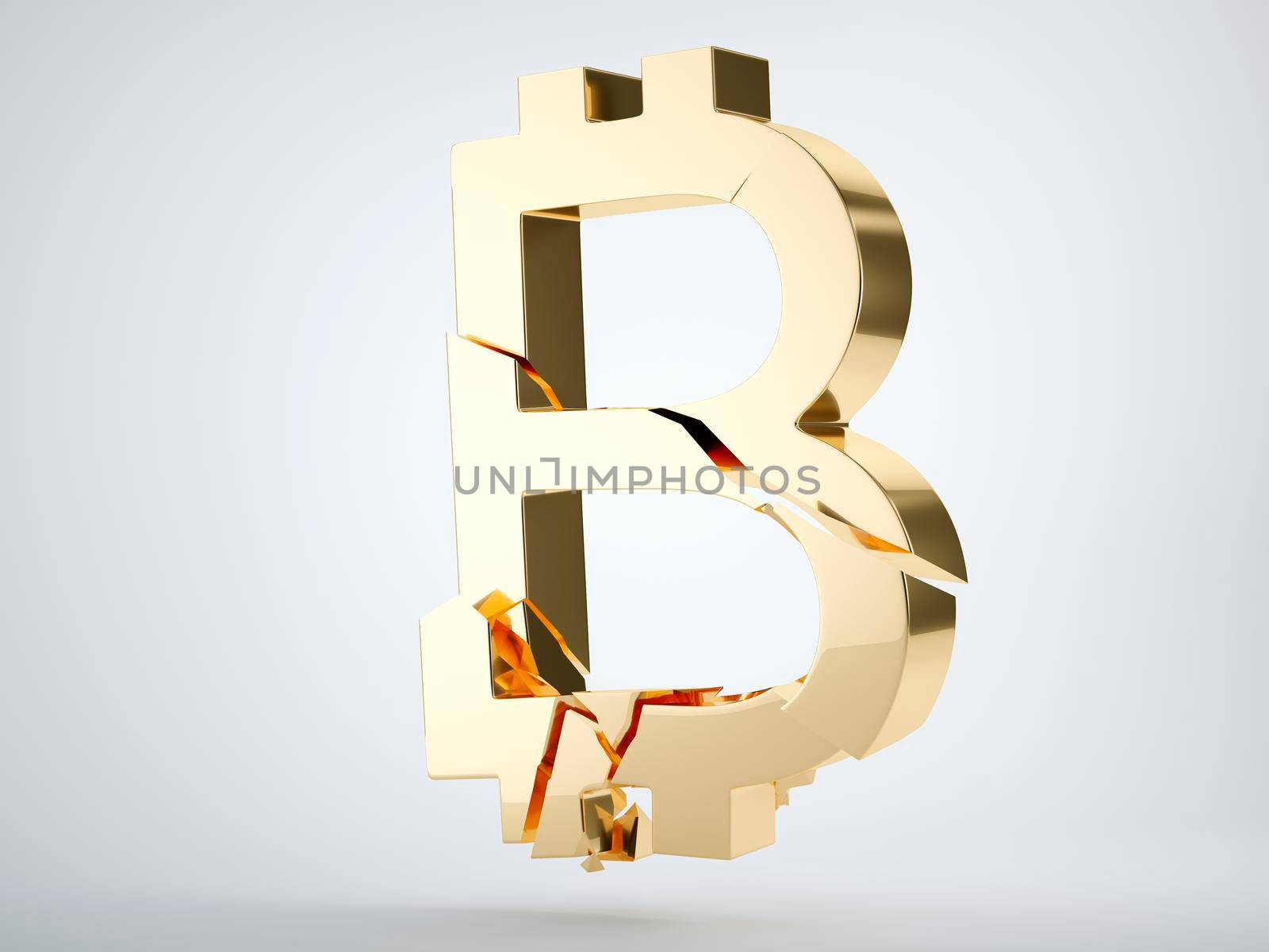 Golden bitcoin sign with cracks on grey background. 3d render, 3d animation