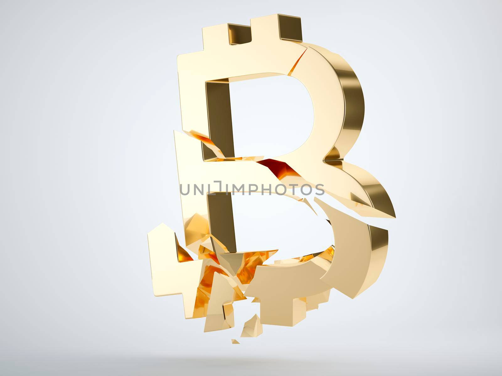 Golden bitcoin symbol shattered and broken on grey background. 3d render, 3d animation