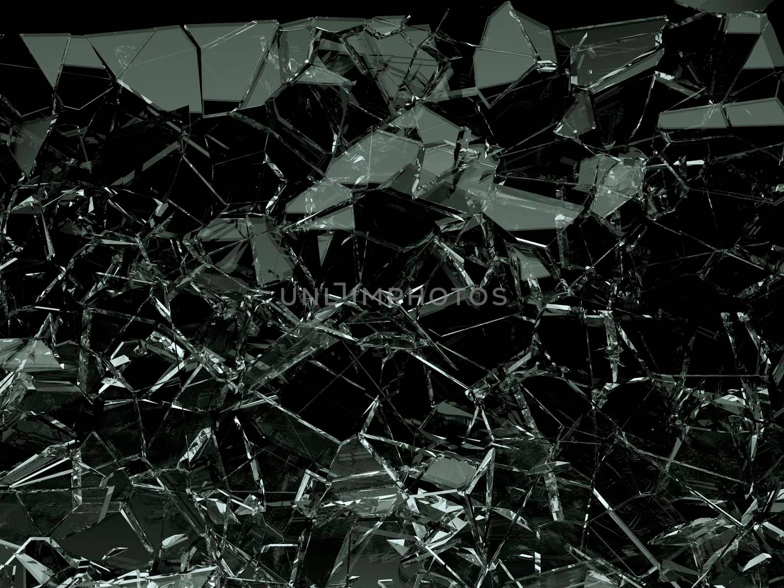 Pieces of glass broken or cracked on black, 3d illustration; 3d rendering