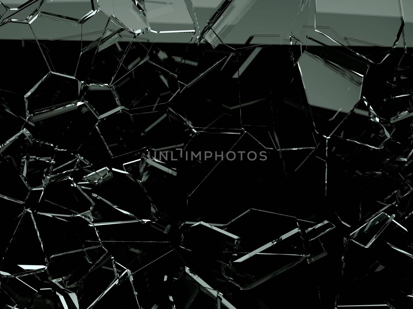 Pieces of splitted or cracked glass on black, 3d illustration; 3d rendering