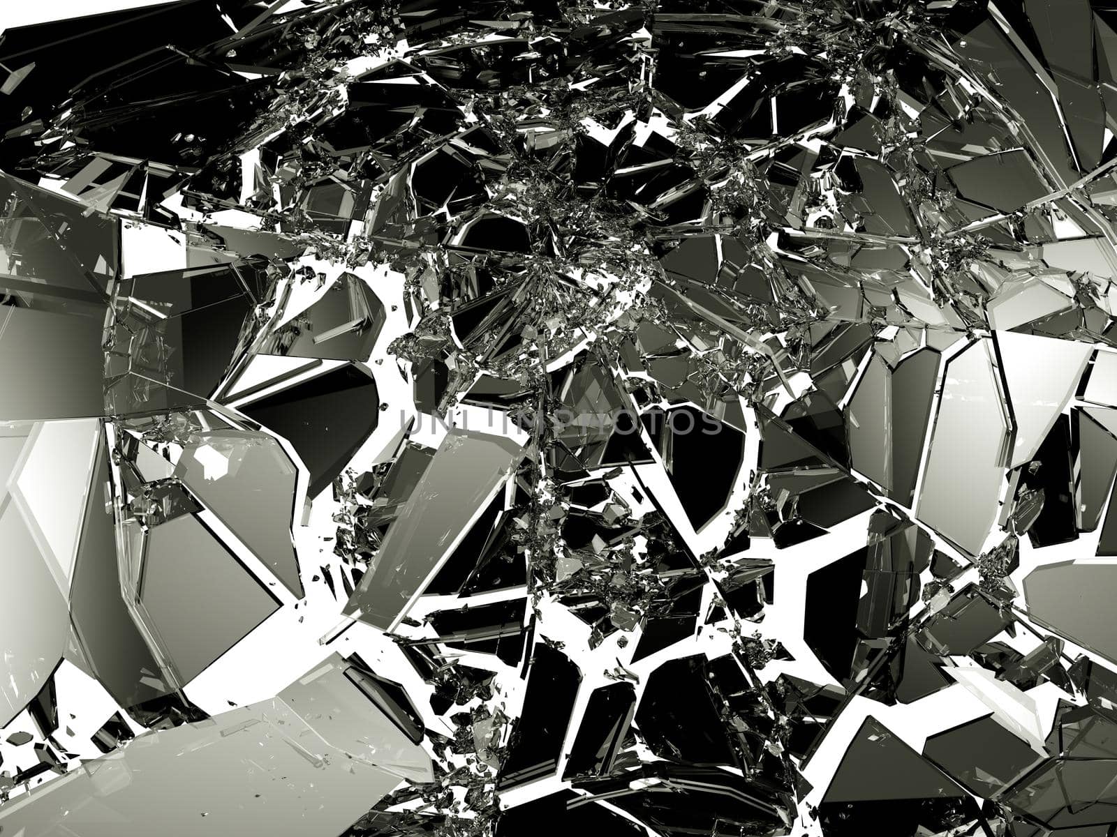 Sharp Pieces of shattered black glass isolated on white. Large resolution