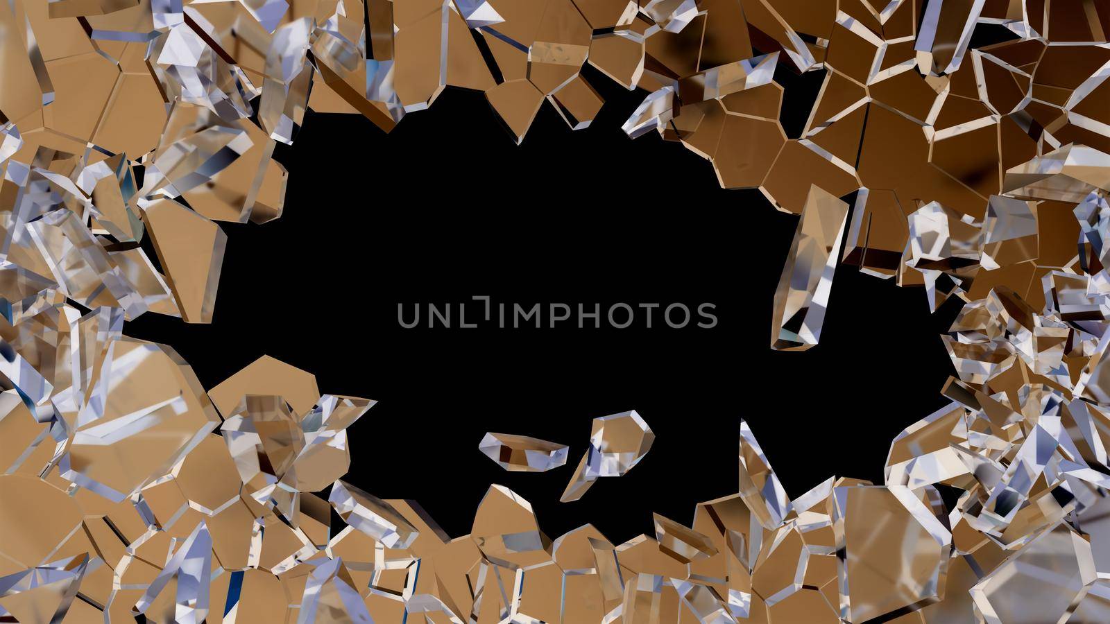 Blue smashed glass pieces isolated over black background