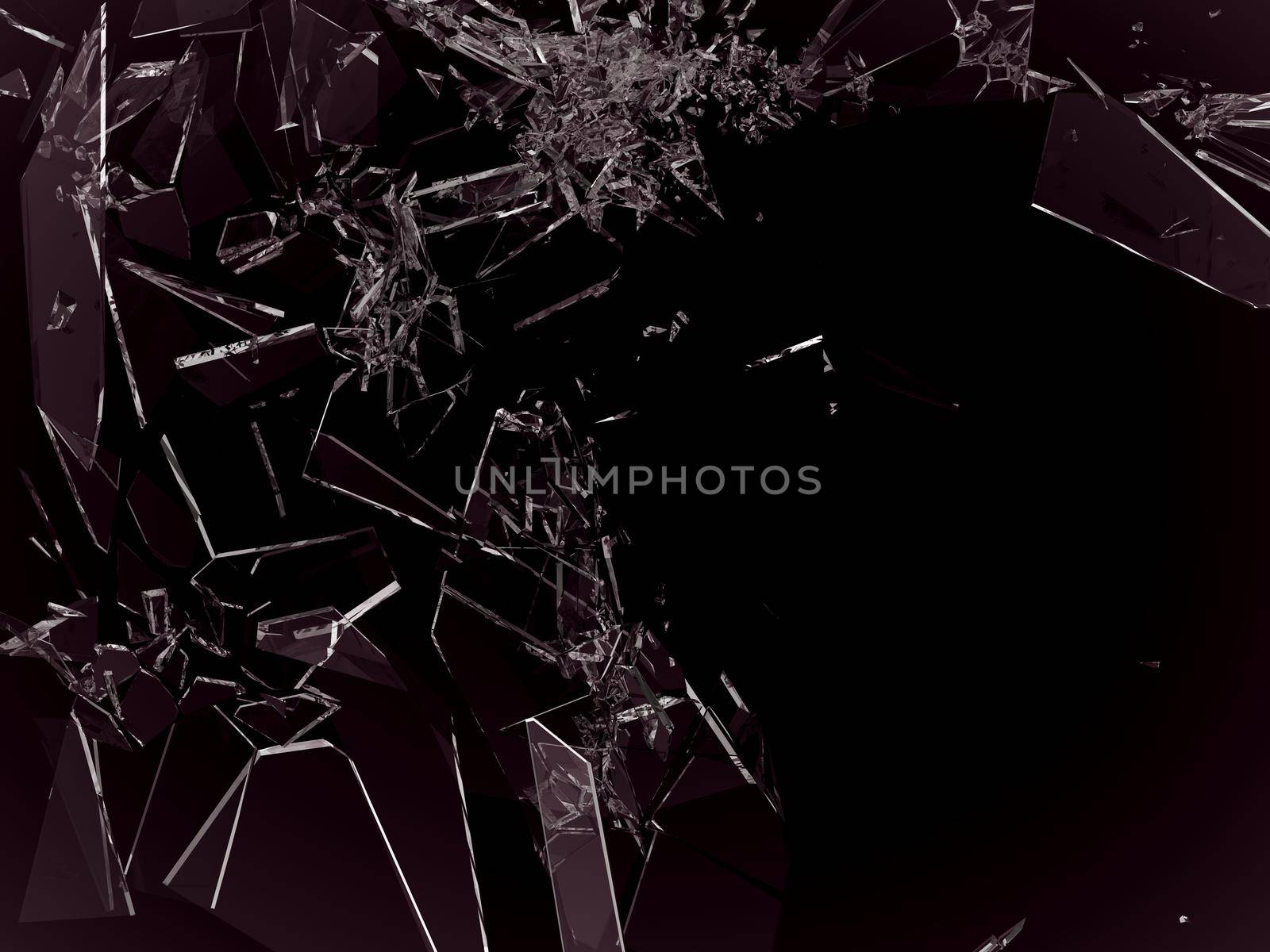 Pieces of demolished or Shattered glass on black isolated 