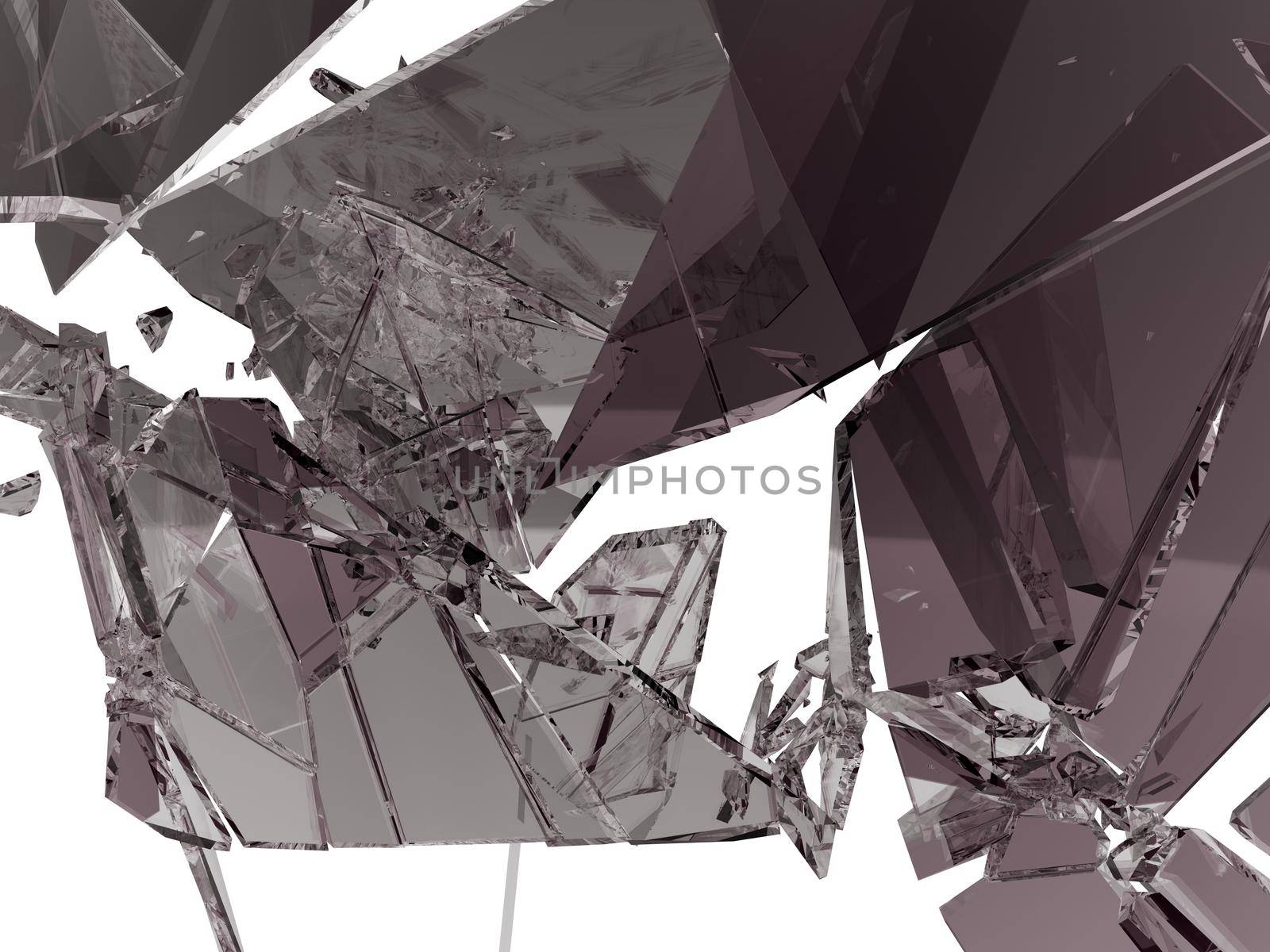 Pieces of demolished or Shattered glass isolated on white