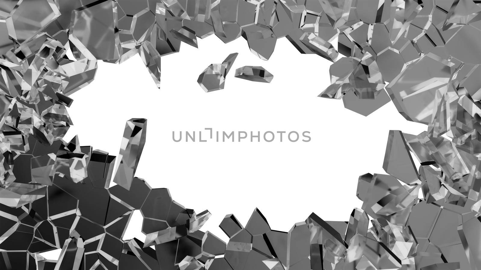 Shattered or smashed glass: sharp Pieces over white background