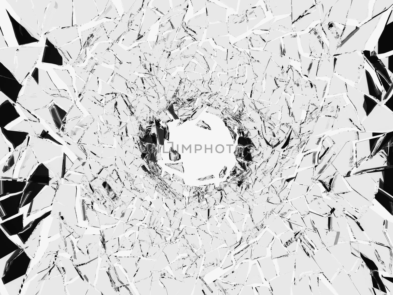 Shattered white glass: sharp Pieces and hole over white background