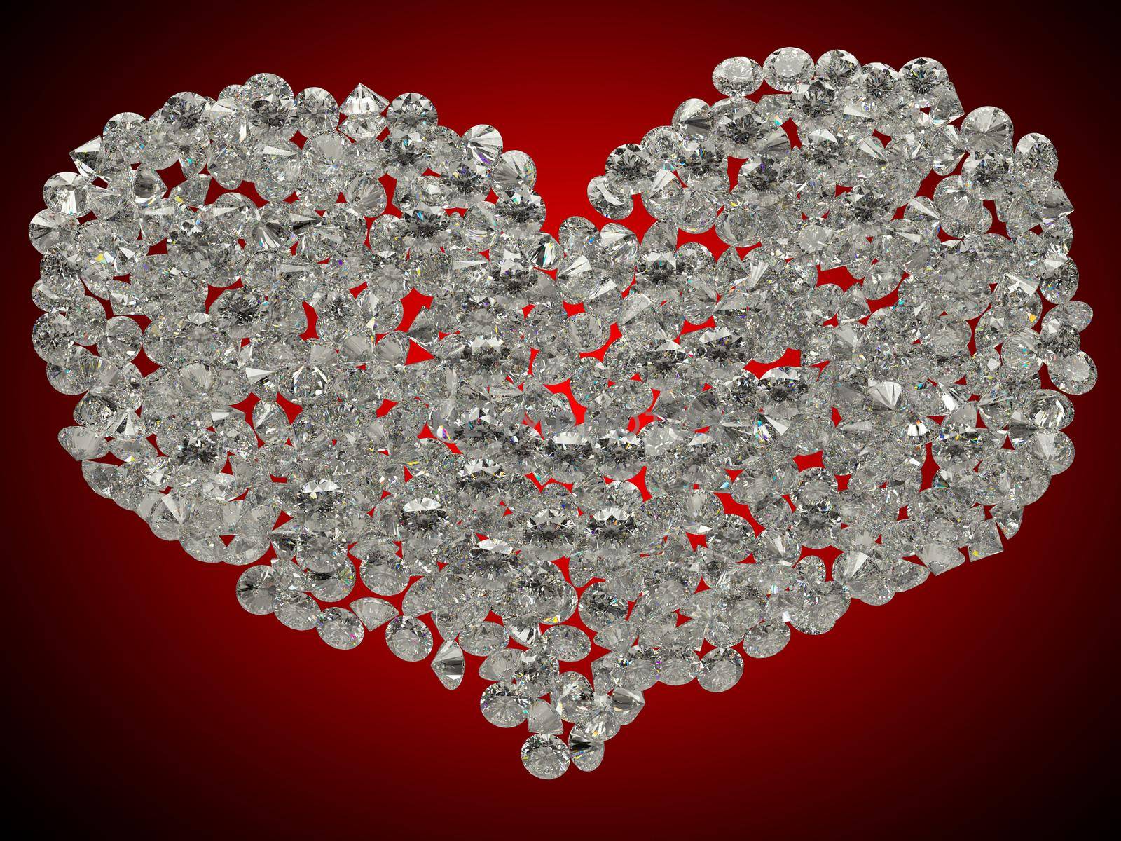 Sparkling gems or diamonds heart shape on red