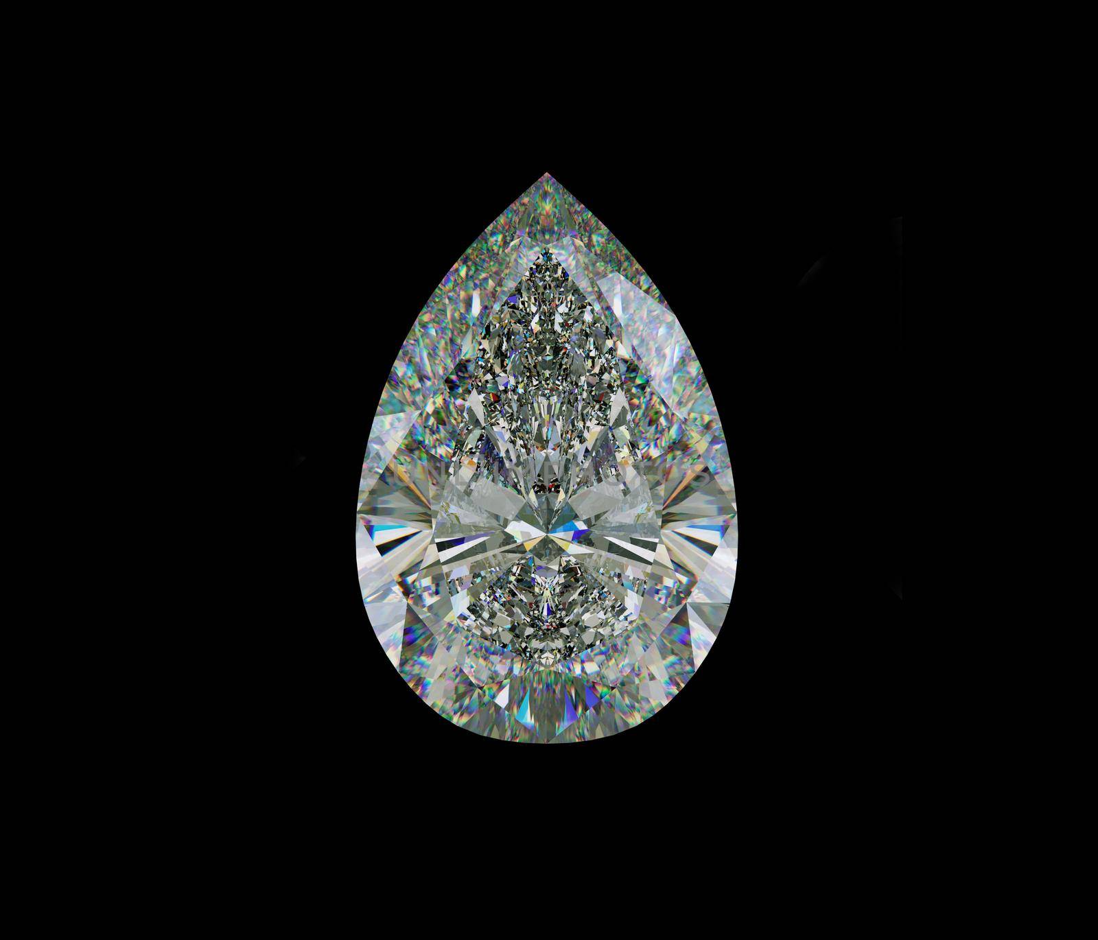 Large pear cut diamond isolated on black. 3d illustration, 3d rendering