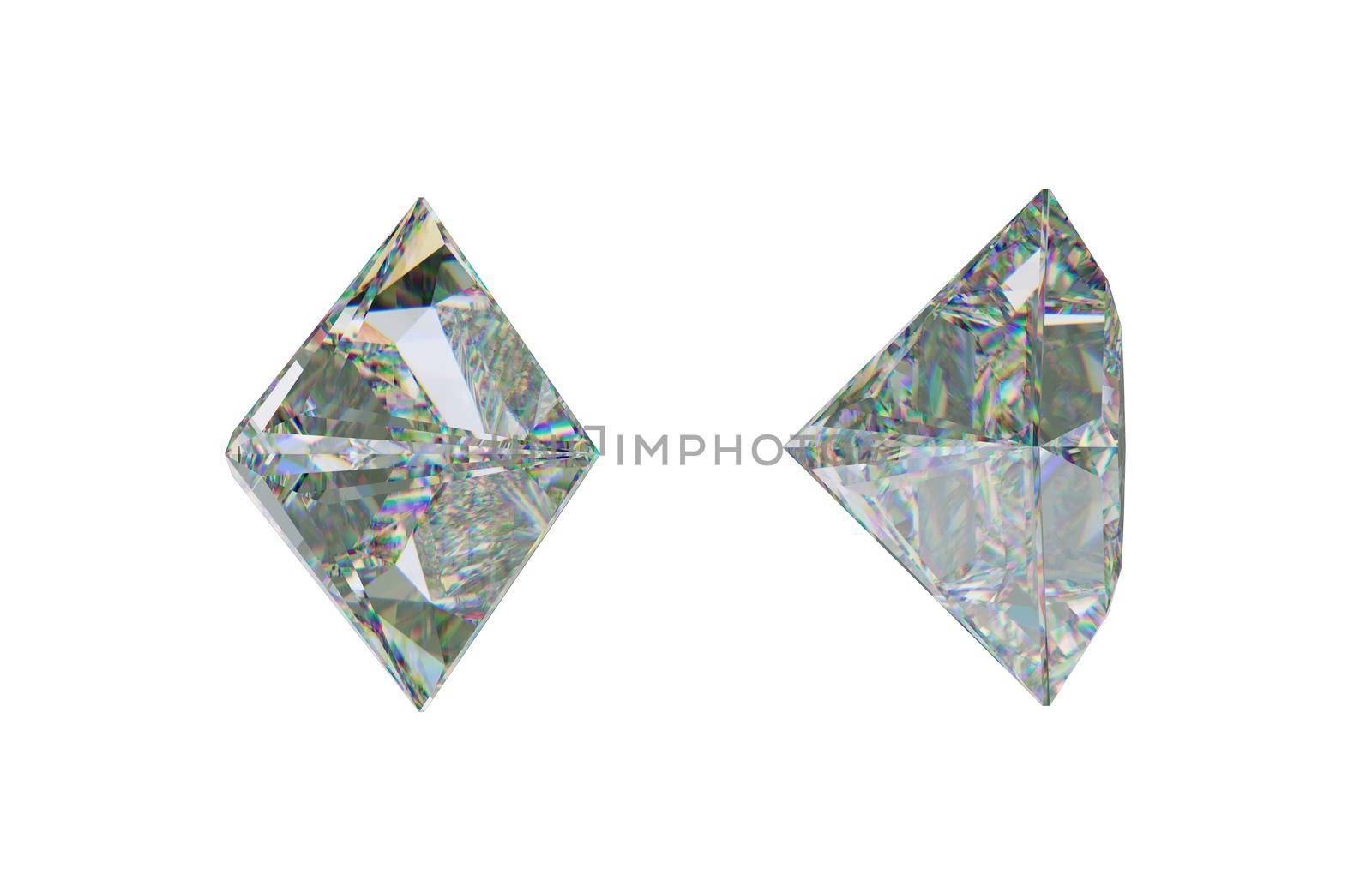 Sde views of princess cut diamond or gemstone on white. 3d rendering, 3d illustration
