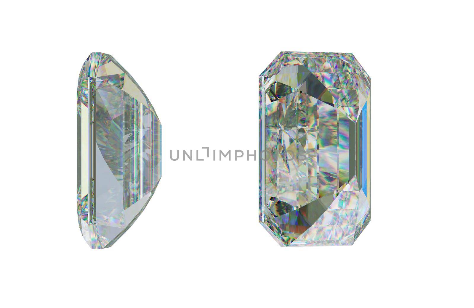 Side views of Emerald cut diamond or gemstone on white. 3d rendering, 3d illustration