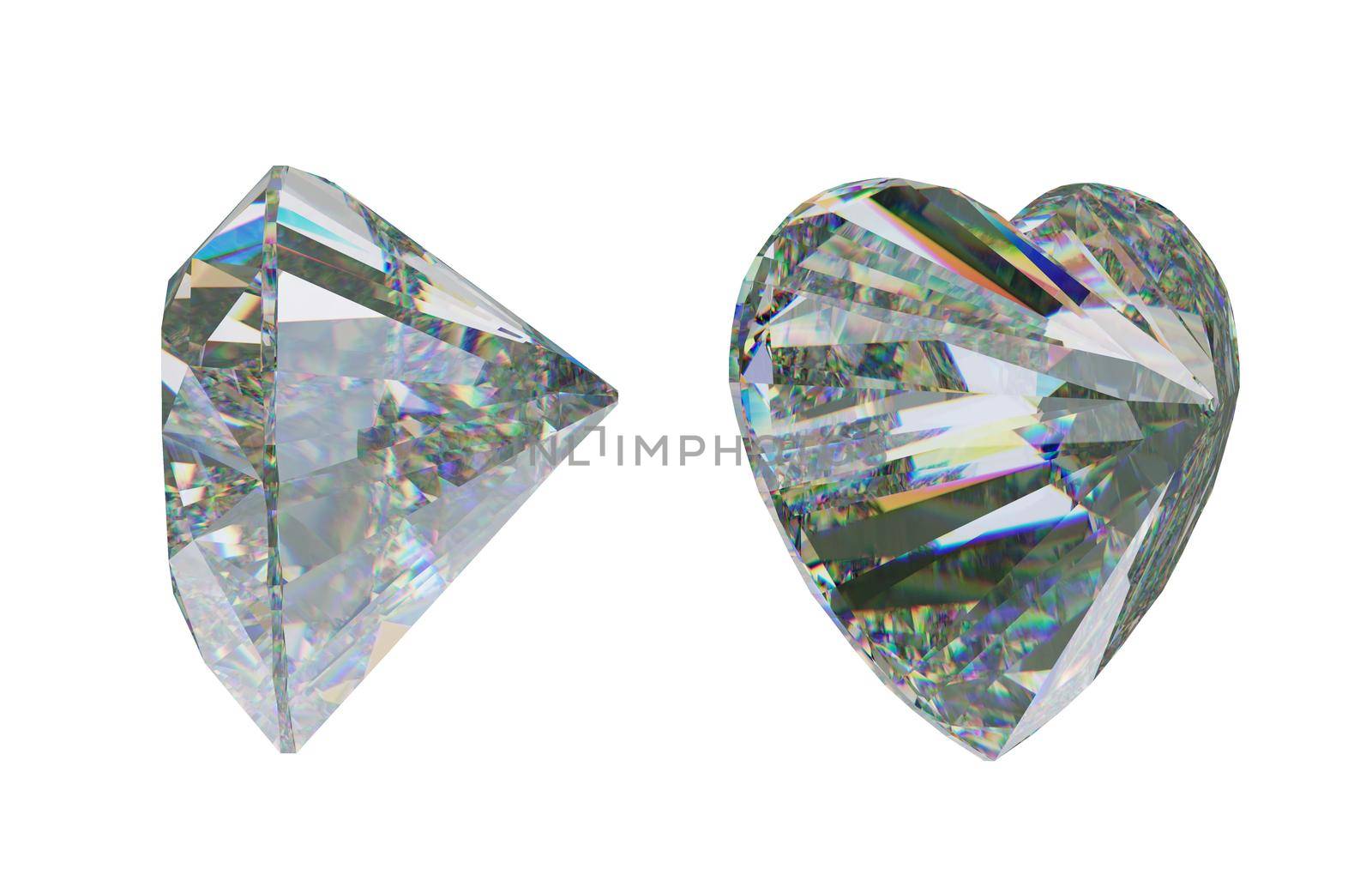 Side views of Large heart shape cut diamond or gemstone on white. 3d rendering, 3d illustration