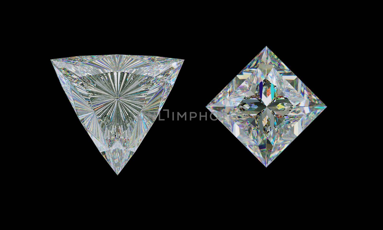 Top view of trillion and princess cut diamond or gemstones on black. 3d illustration, 3d rendering
