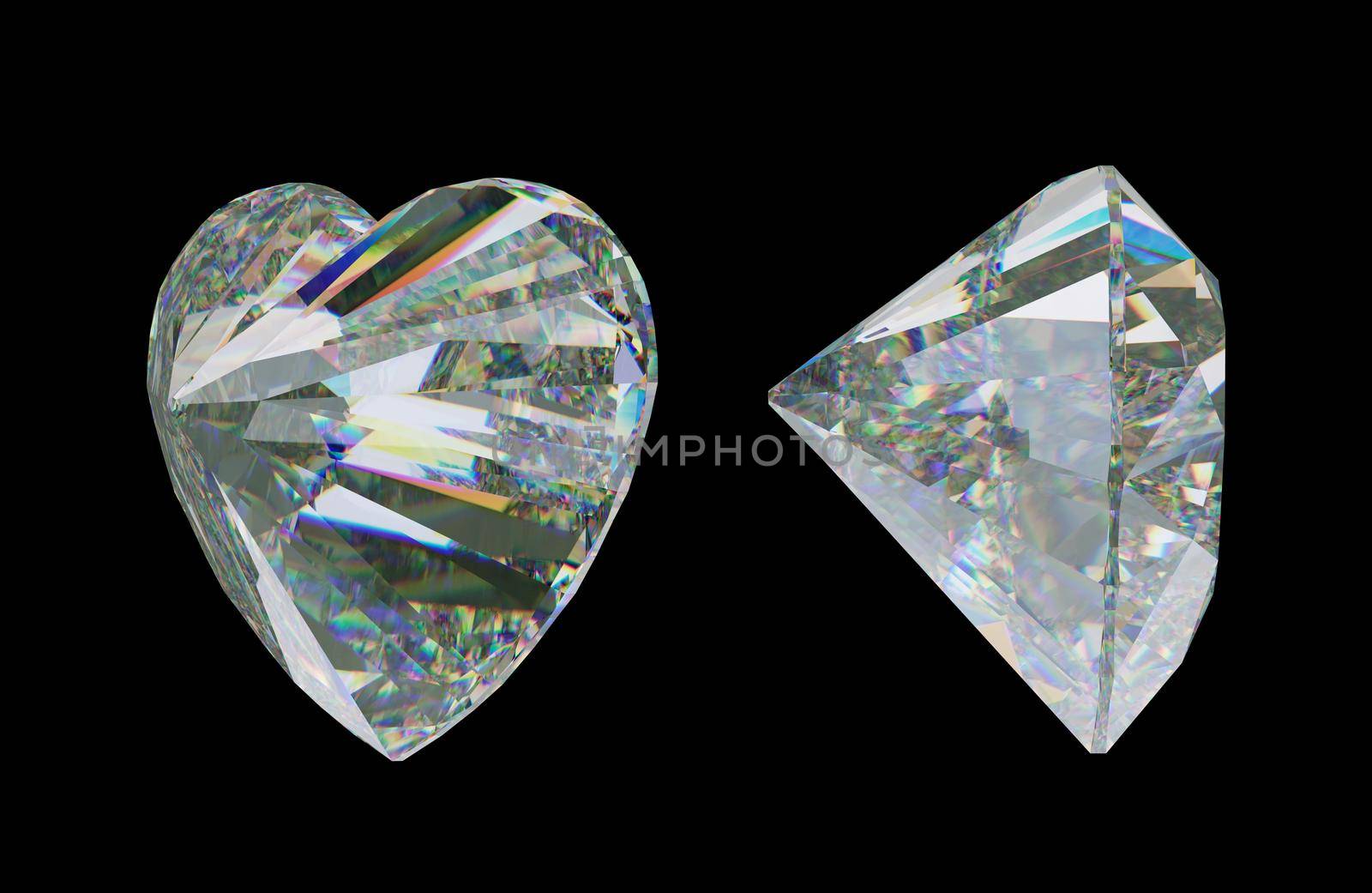 Side views of Large heart shape cut diamond isolated on black. 3d rendering, 3d illustration 