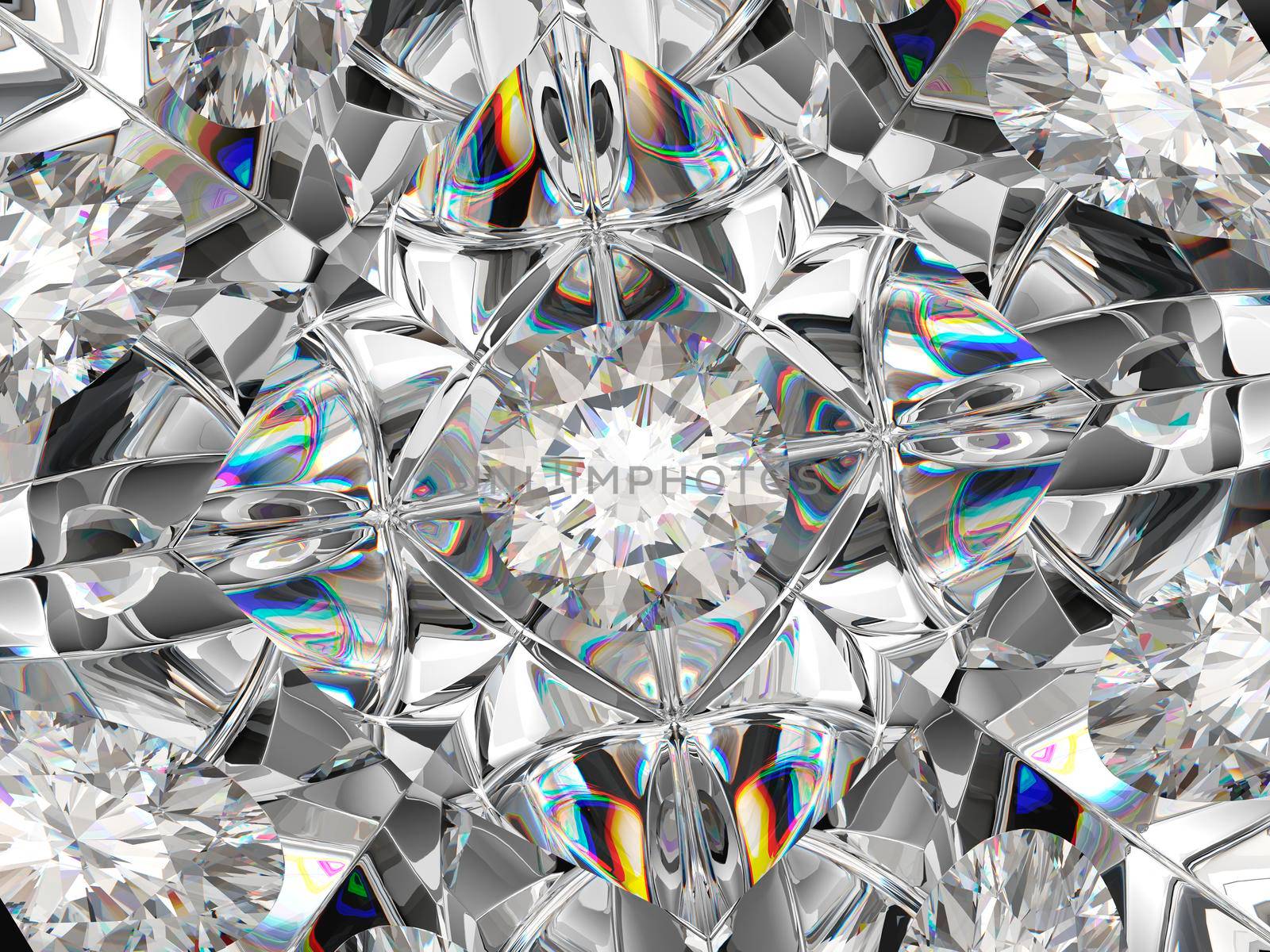 Diamond closeup and kaleidoscope pattern. top view of round gemstone 3d render, 3d illustration