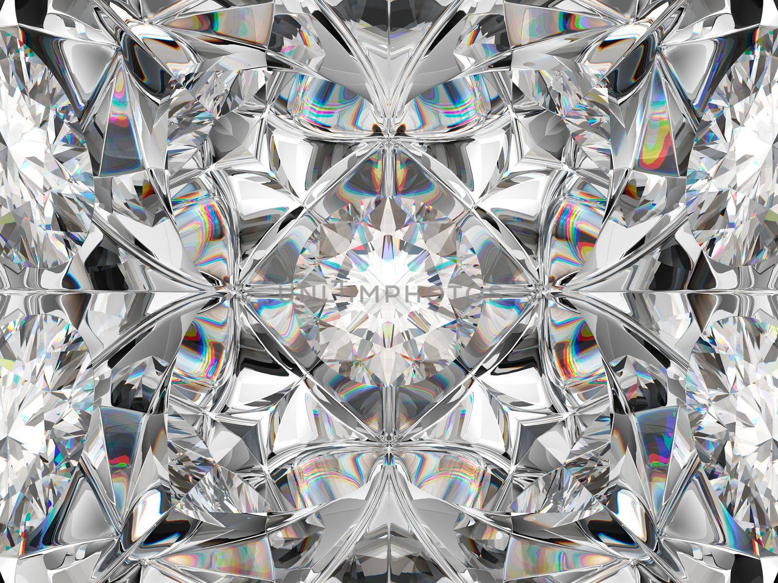 Diamond closeup and kaleidoscope pattern. top view of round gemstone 3d render, 3d illustration