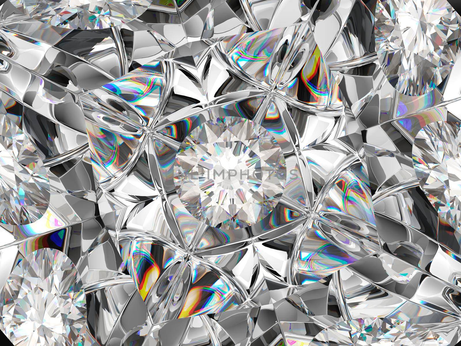 diamond closeup pattern and kaleidoscope effect. top view of round gemstone 3d render, 3d illustration