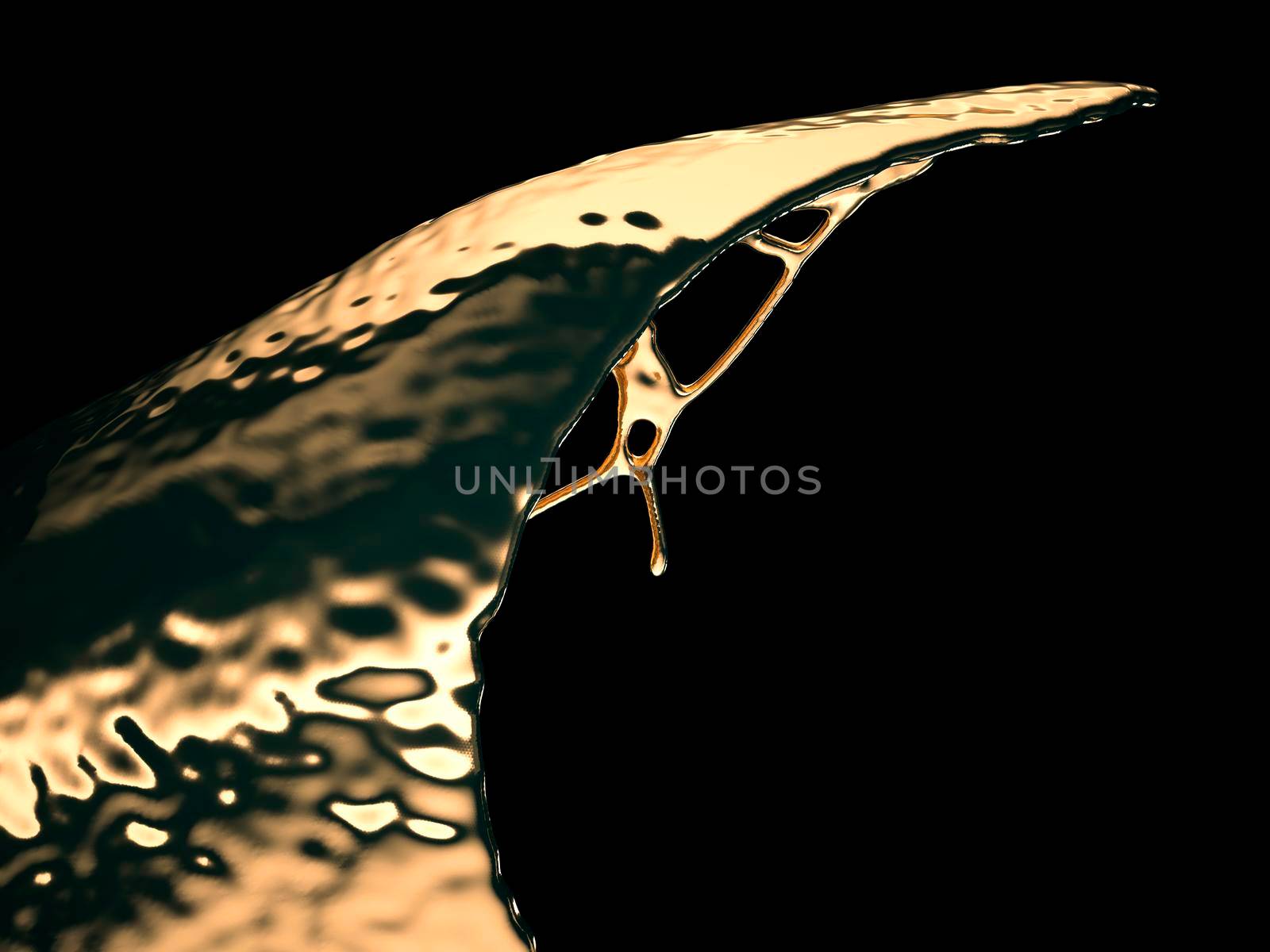 Liquid gold or oil splashes isolated on black. 3d render, 3d illustration 