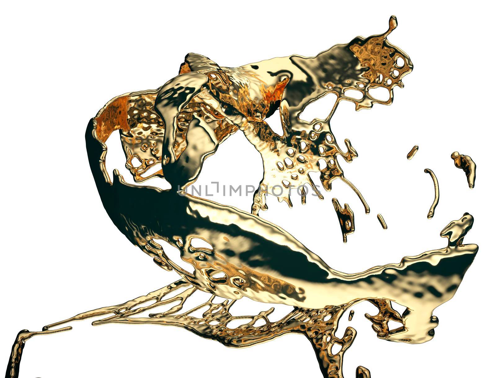 Liquid gold or oil splashes isolated on white. 3d render, 3d illustration 