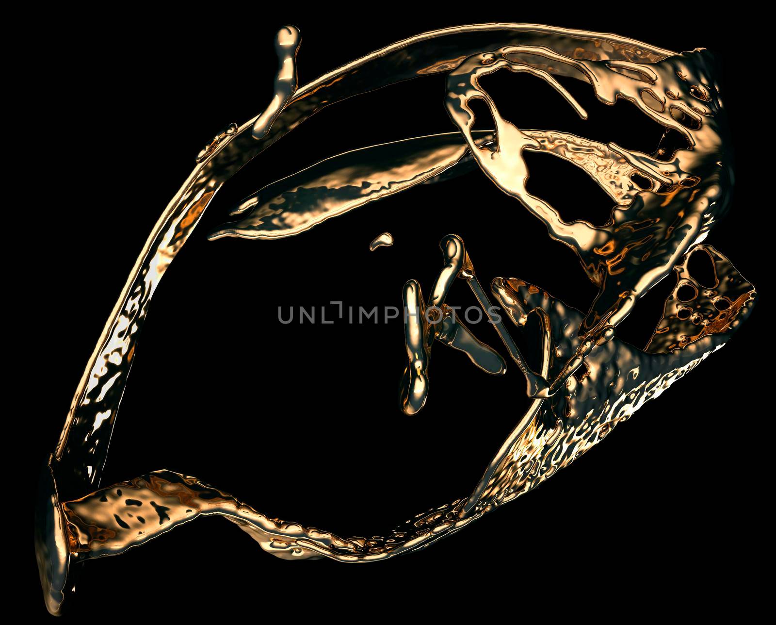 Liquid gold or oil splatter and splashes isolated on black. 3d render, 3d illustration 