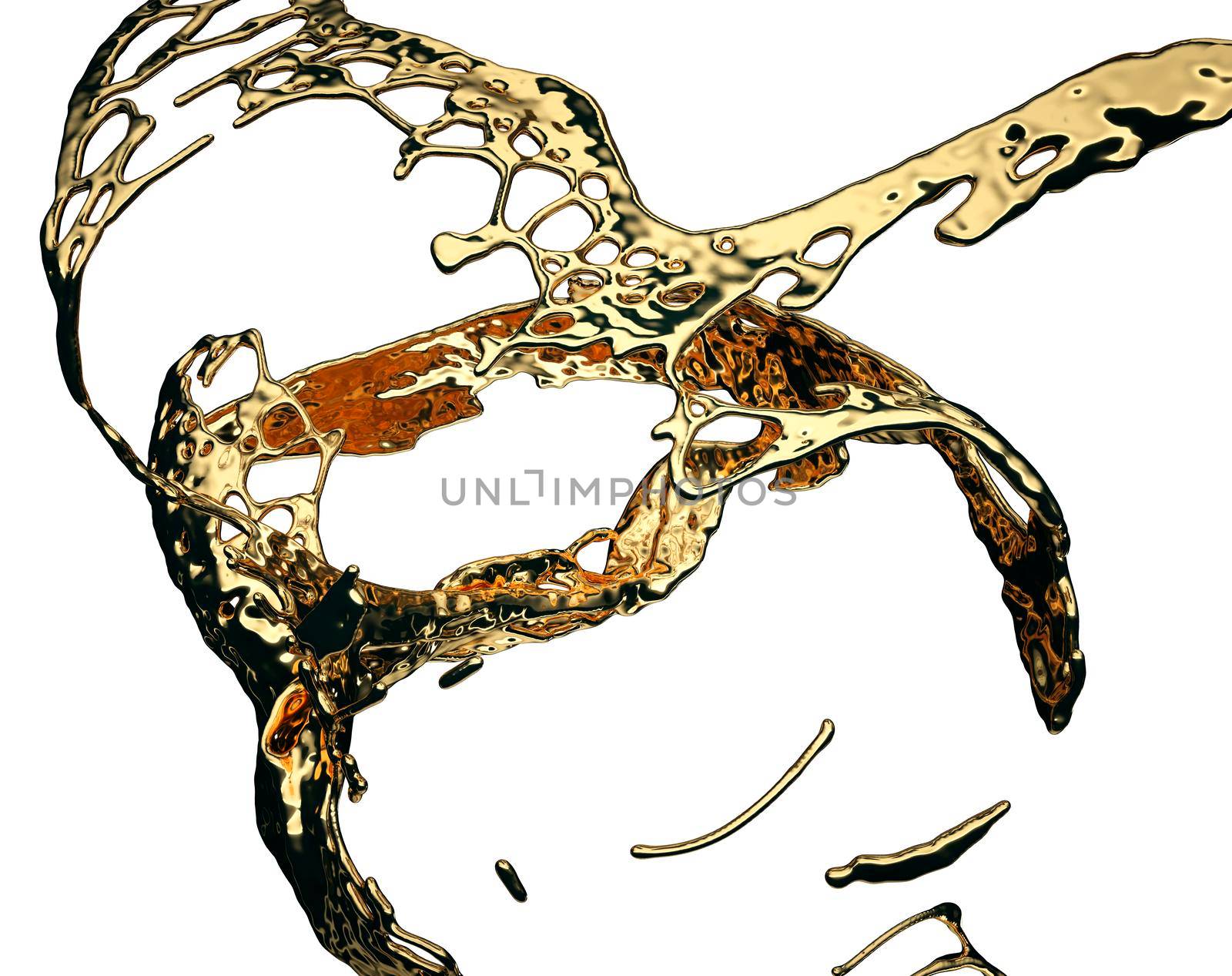Liquid gold or oil splatter and splashes isolated on white. 3d render, 3d illustration 