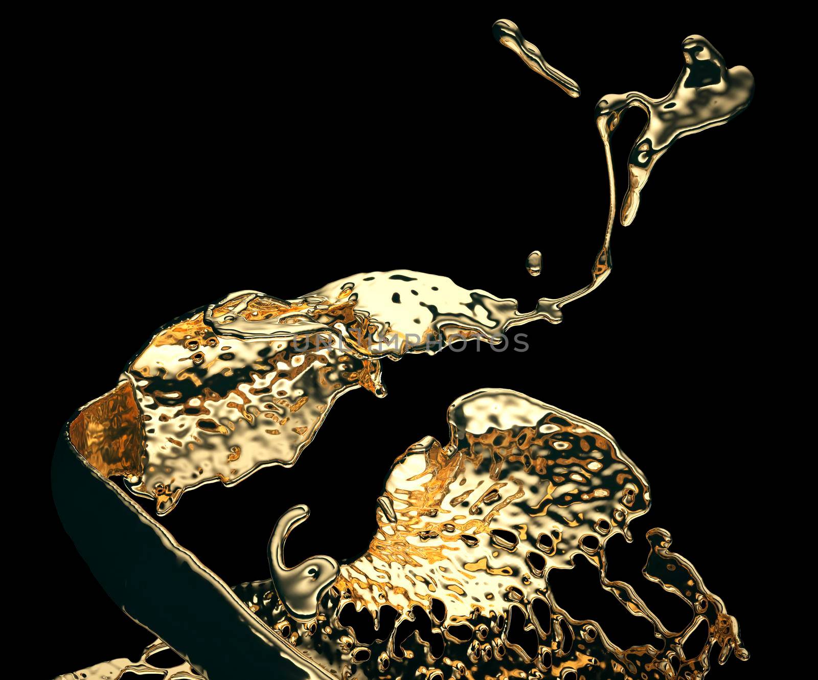 Liquid gold or oil splatter and splashes isolated on black by Arsgera