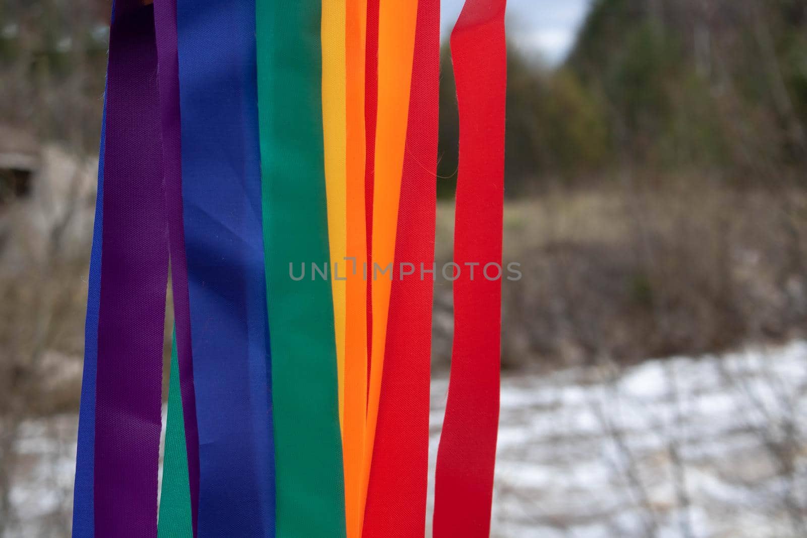 Bright rainbow ribbons on the background of a spring river.Carnival ribbons. LGBT symbol.