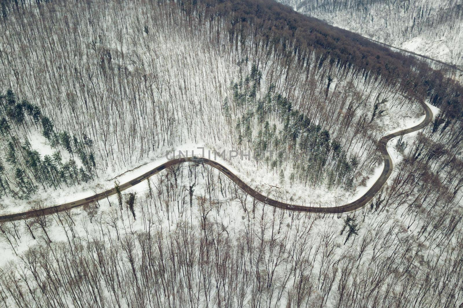 Drone aerial top view of a road going through forest with snow.