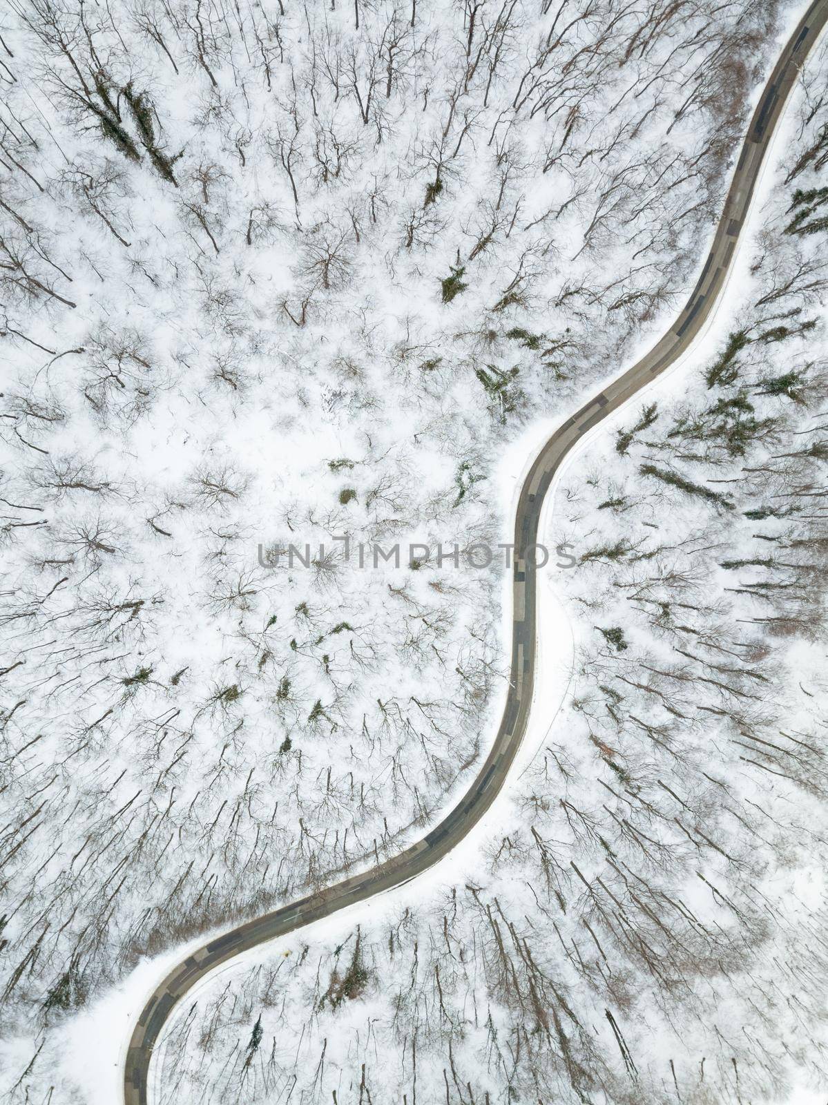 Drone aerial top view of a road going through forest with snow.