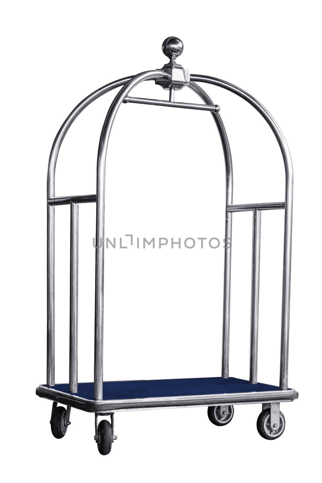 Stainless steel luxury trolley bag, hotel baggage cart isolated on white background work with clipping path.