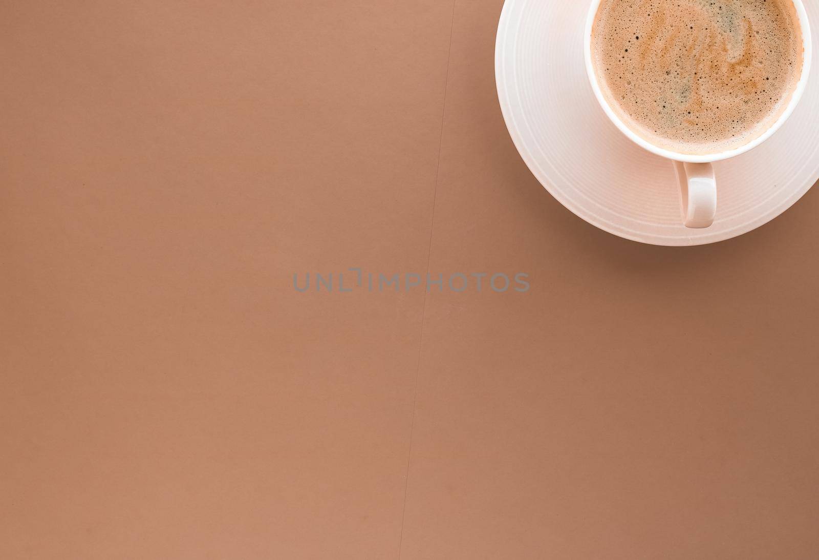 Cup of hot coffee as breakfast drink, flatlay cups on beige background by Anneleven