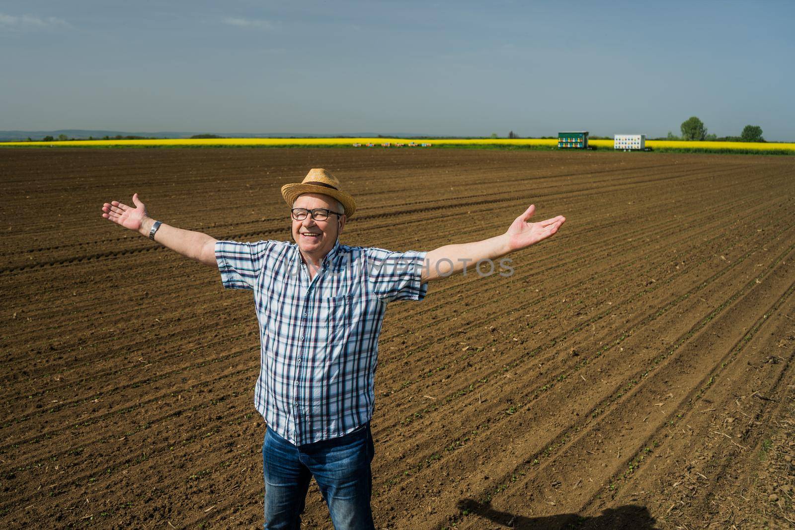 Proud senior farmer is standing in his sown corn field. He is cheerful and enjoying the successful sowing.