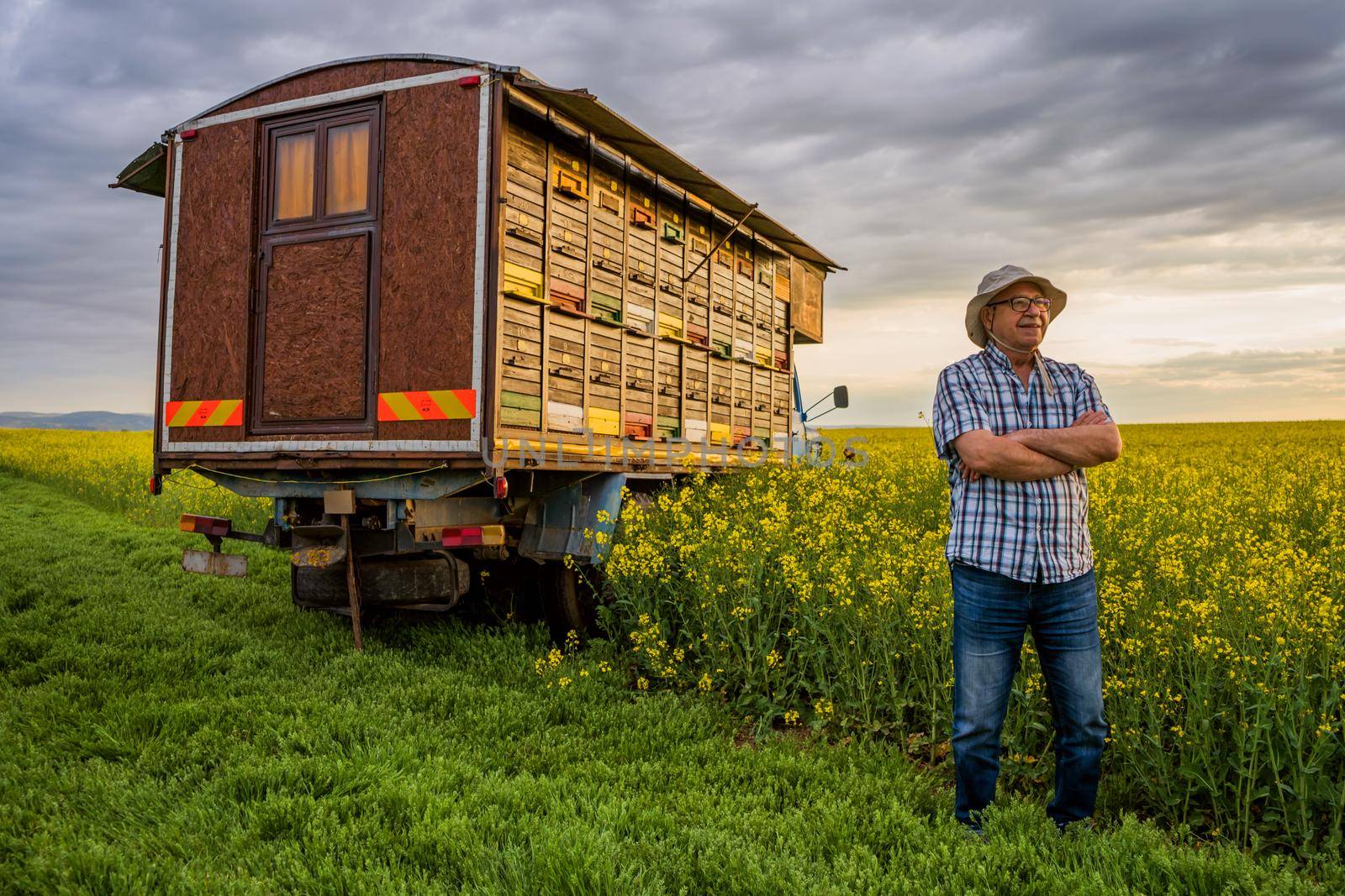 Proud beekeeper is standing in front of his truck with beehives.