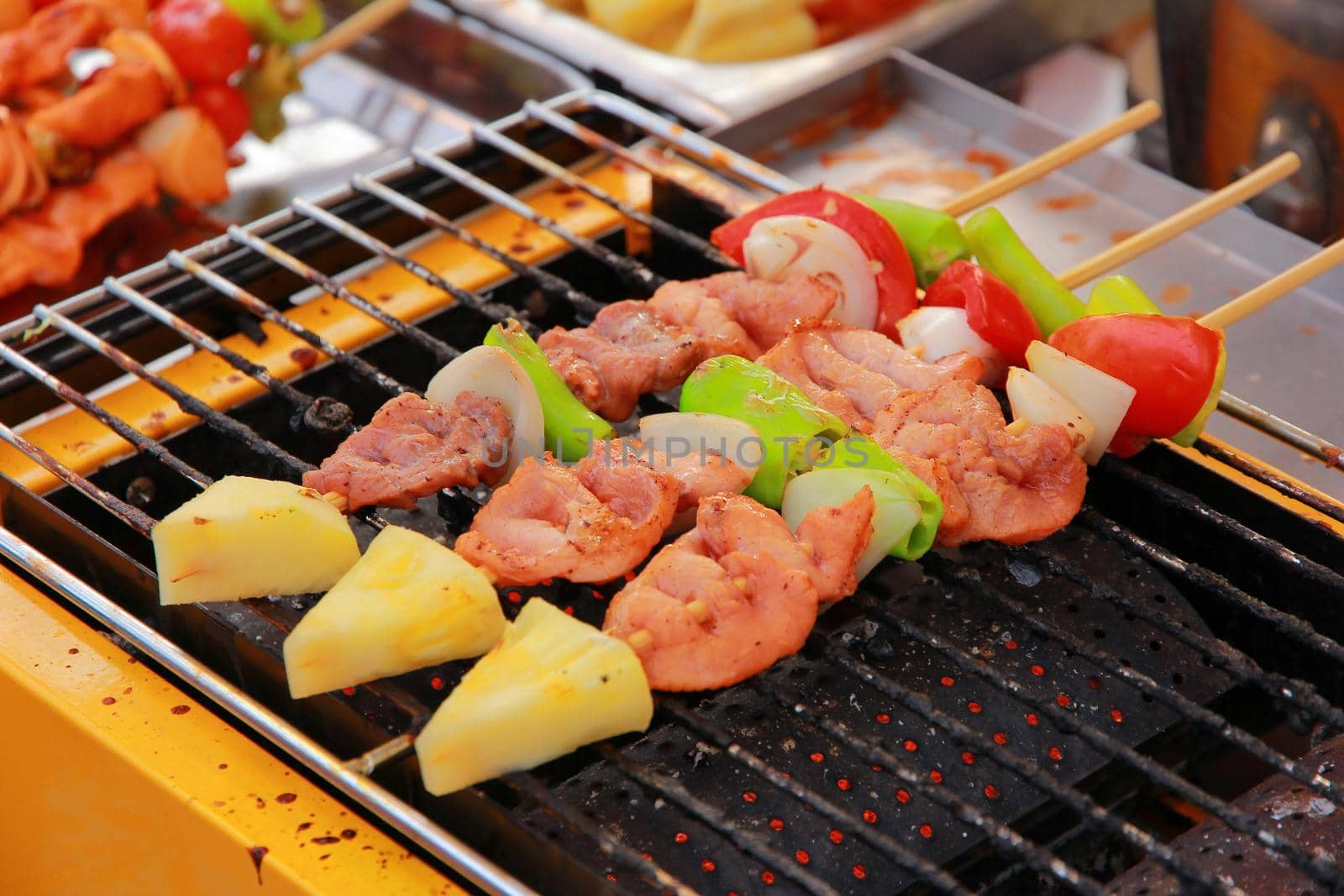 barbecue sticks with meat and vegetables