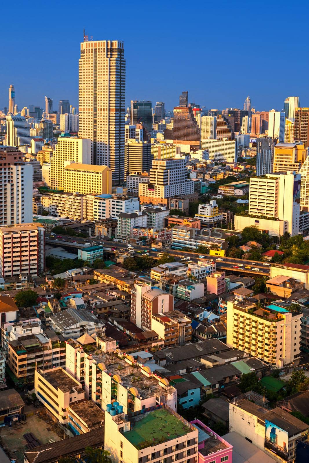 Building downtown Bangkok in the evening