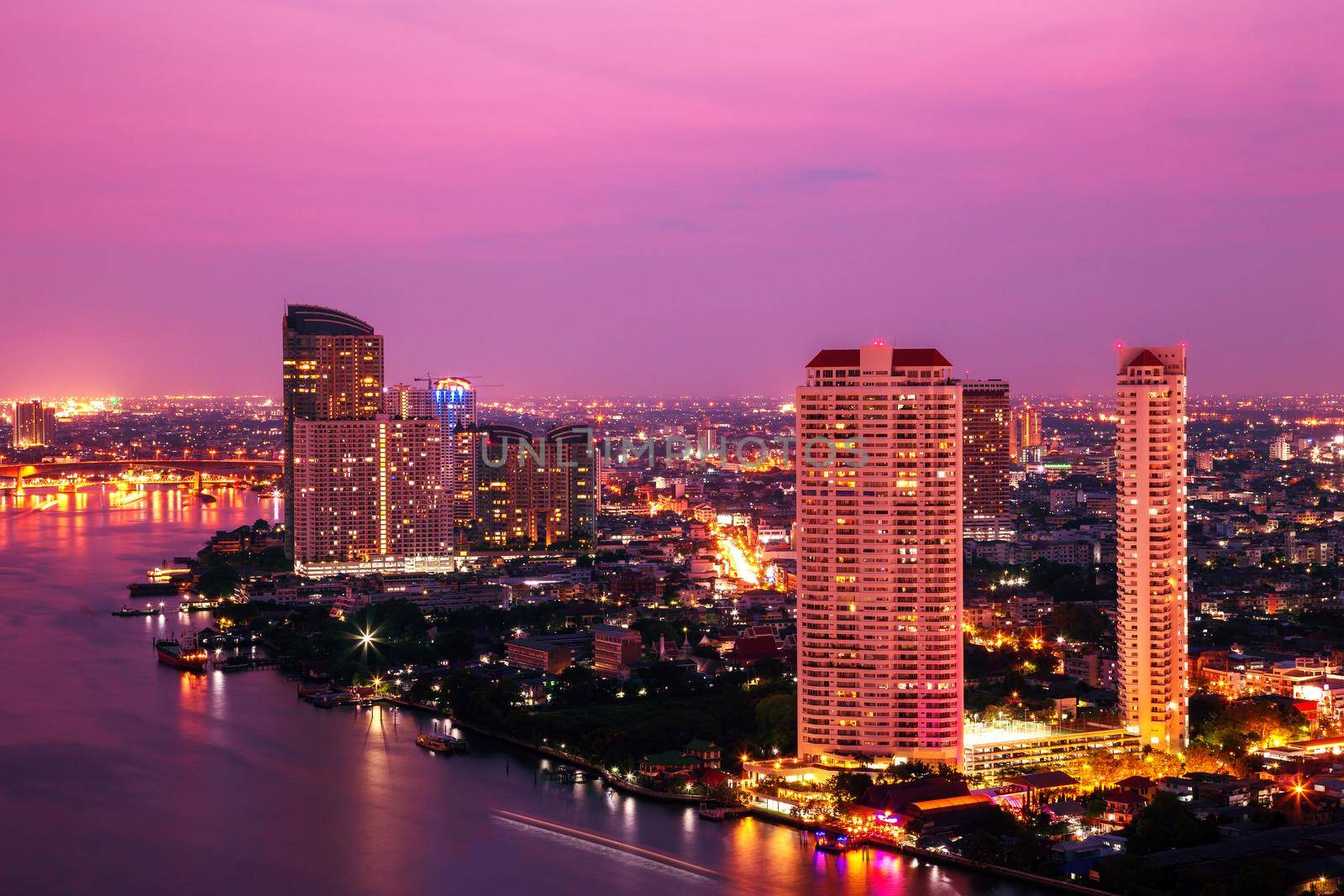 Bangkok City at night time, Hotel and resident area in the capital of Thailand