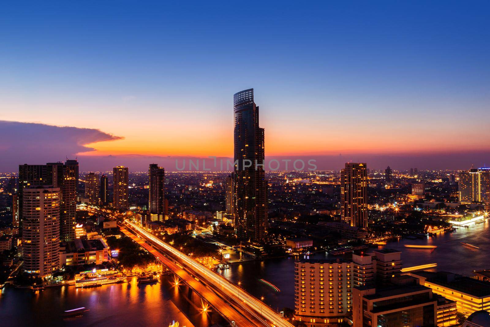 Bangkok City at night time, Hotel and resident area in the capital of Thailand