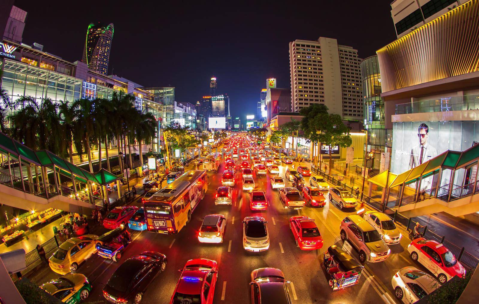  BANGKOK THAILAND- May 5: The big automobile stopper on one of the central streets of Bangkok on 5 May 2015. The basic problem of the Asian megacities is the complicated traffic.The front of Central World Shopping center