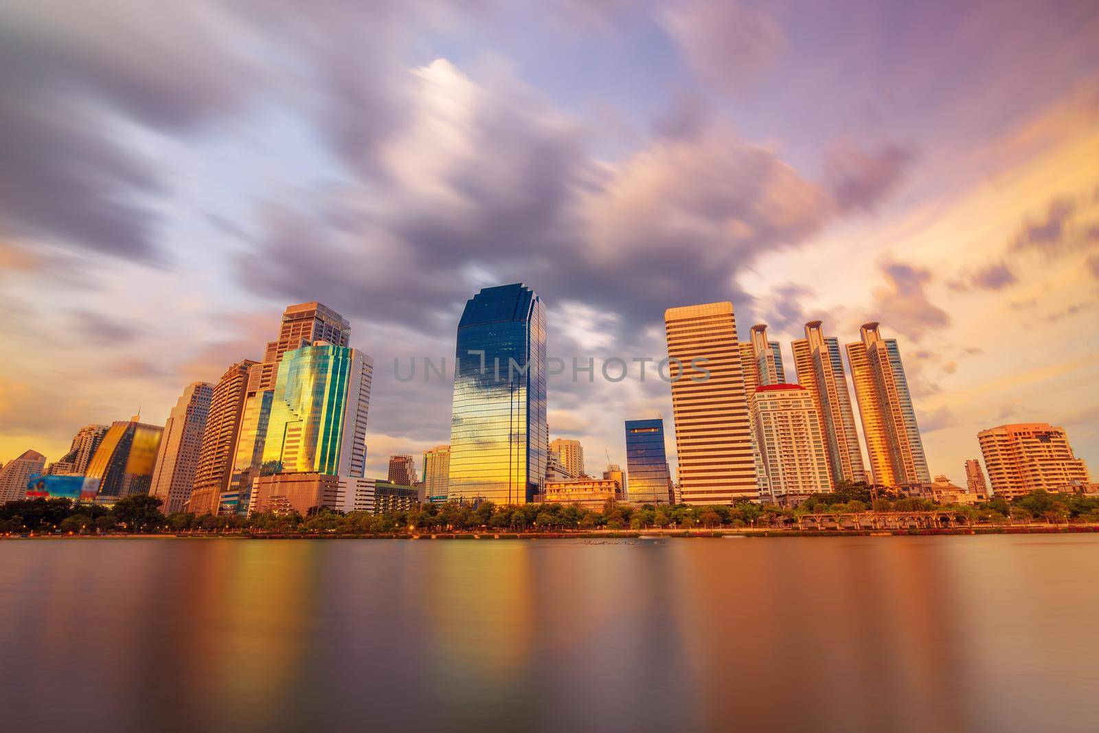 Bangkok lake cityscape skyline in beautiful evening light
