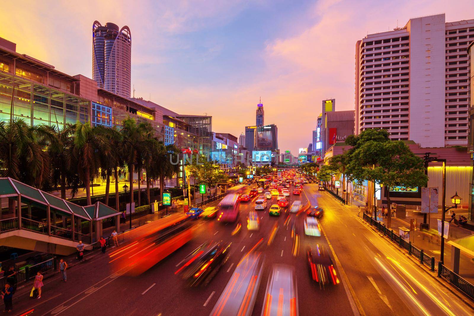 Road with traffic jams. Area in front Central World. Economic center of Bangkok Thailand