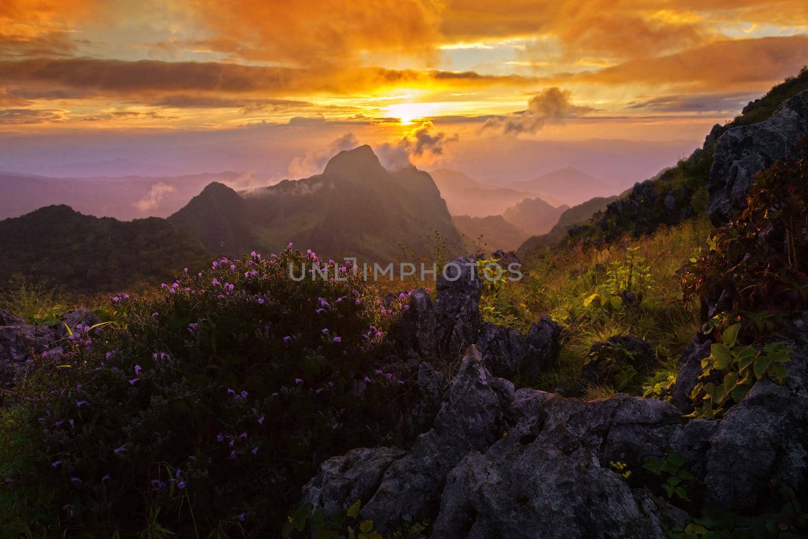 Beautiful sunset in the mountains at Doi Luang Chiang Dao, Chiang Mai, Thailand