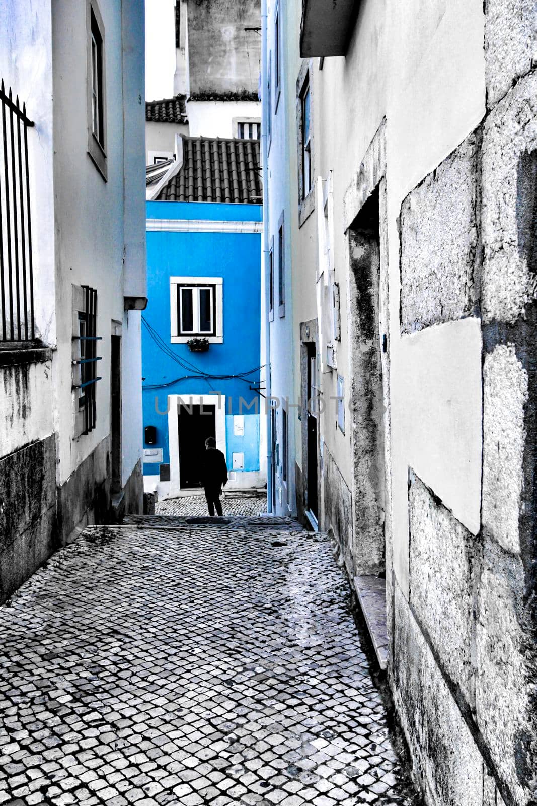Narrow and colorful streets with majestic facades, windows and balconies of Lisbon city in Portugal in a cloudy day