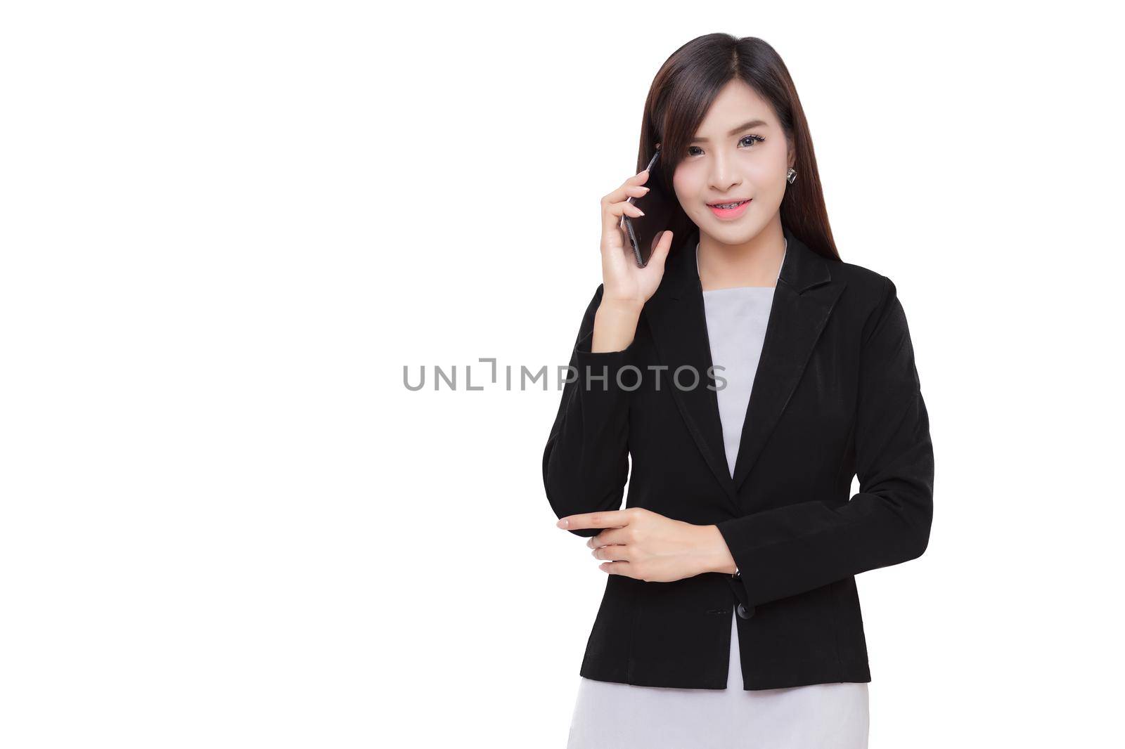 Smart phone with business woman.  isolated on a white background