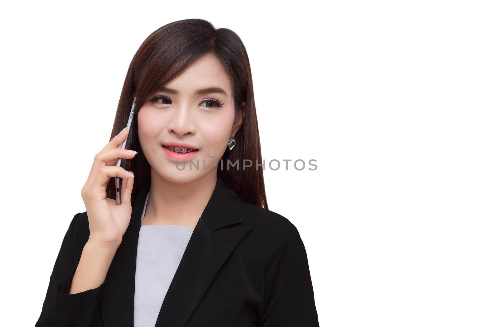 Smart phone with business woman.  isolated on a white background