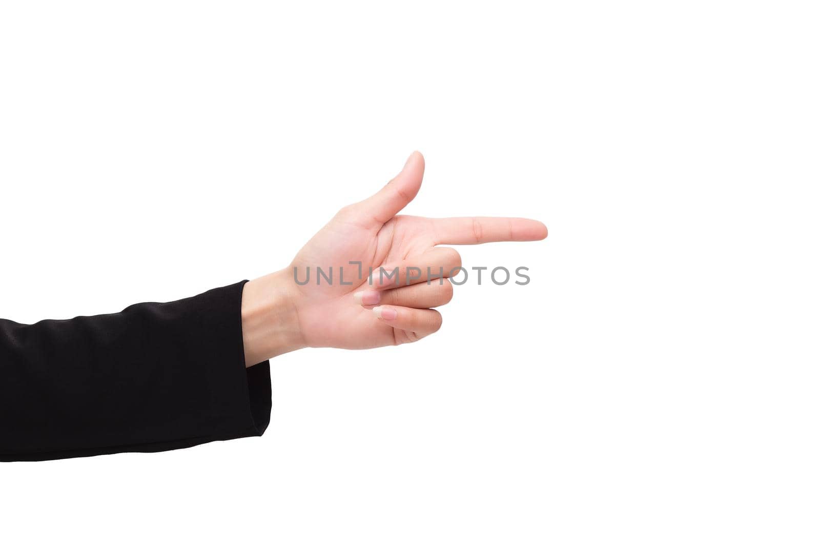 hand pointing right on a white background