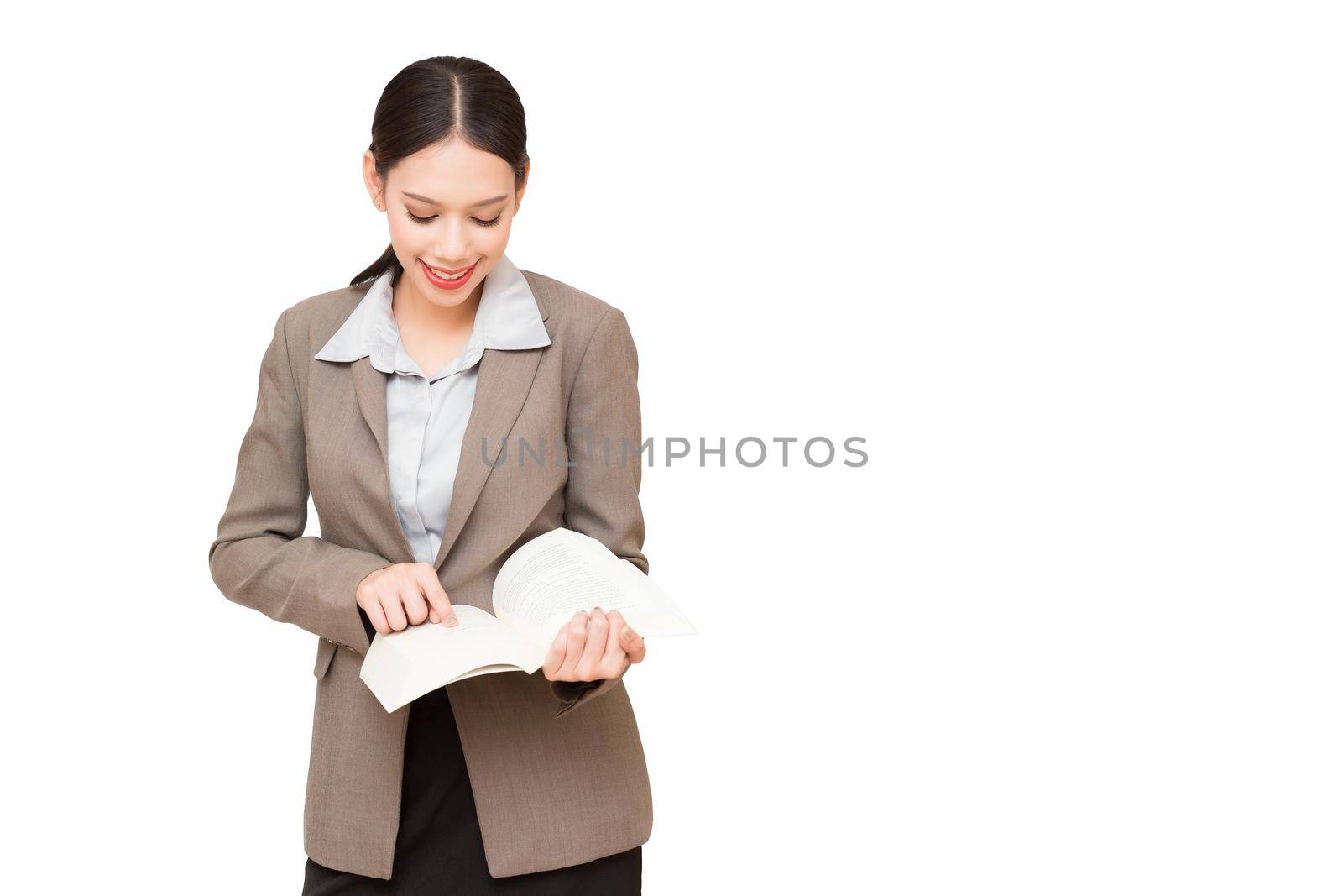 Business woman reading a book, isolated on white background.