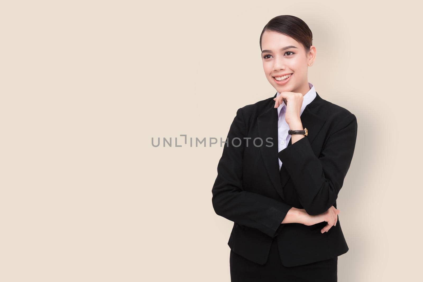Young mixed race businesswoman smiling isolated on color background