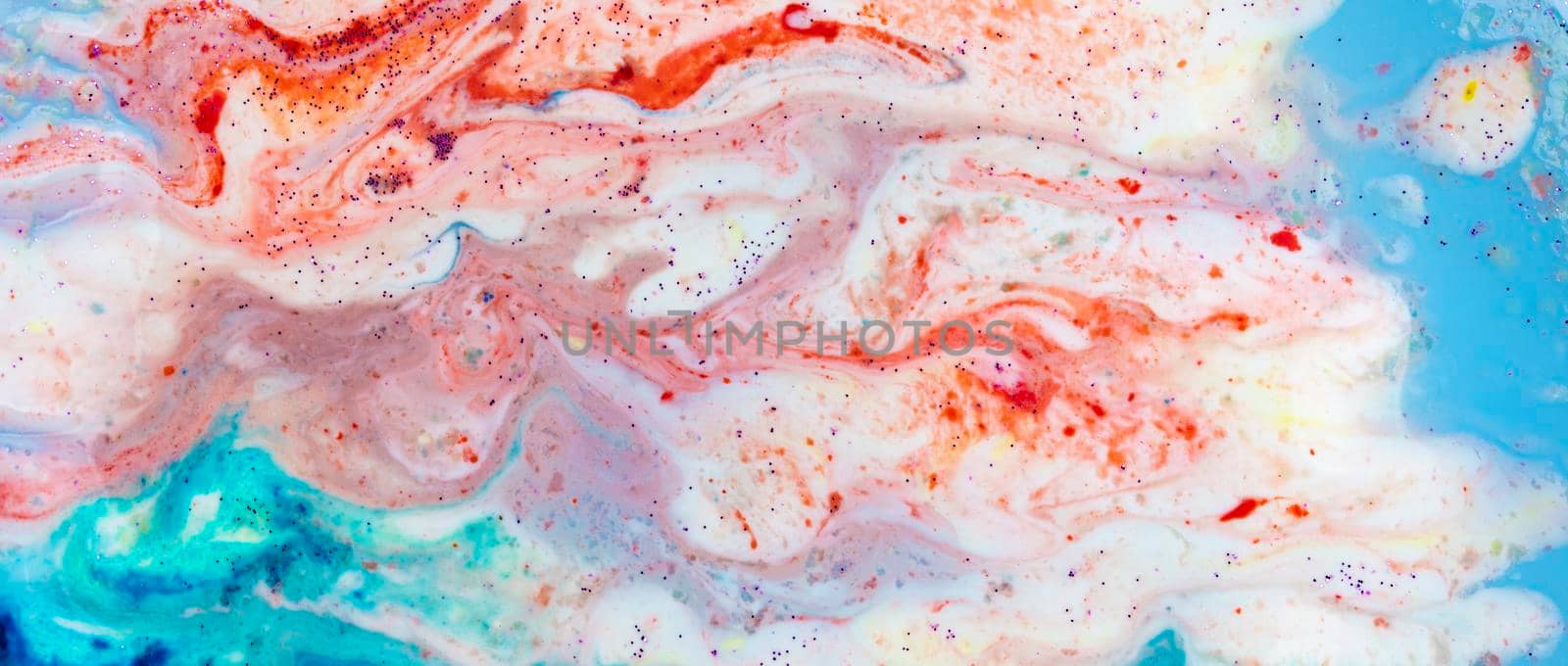 Horizontal banner background acrylic soft blue with pink and sparkles. Colorful marble texture. Fluid liquid marble. Art picture. Avant-garde creativity.