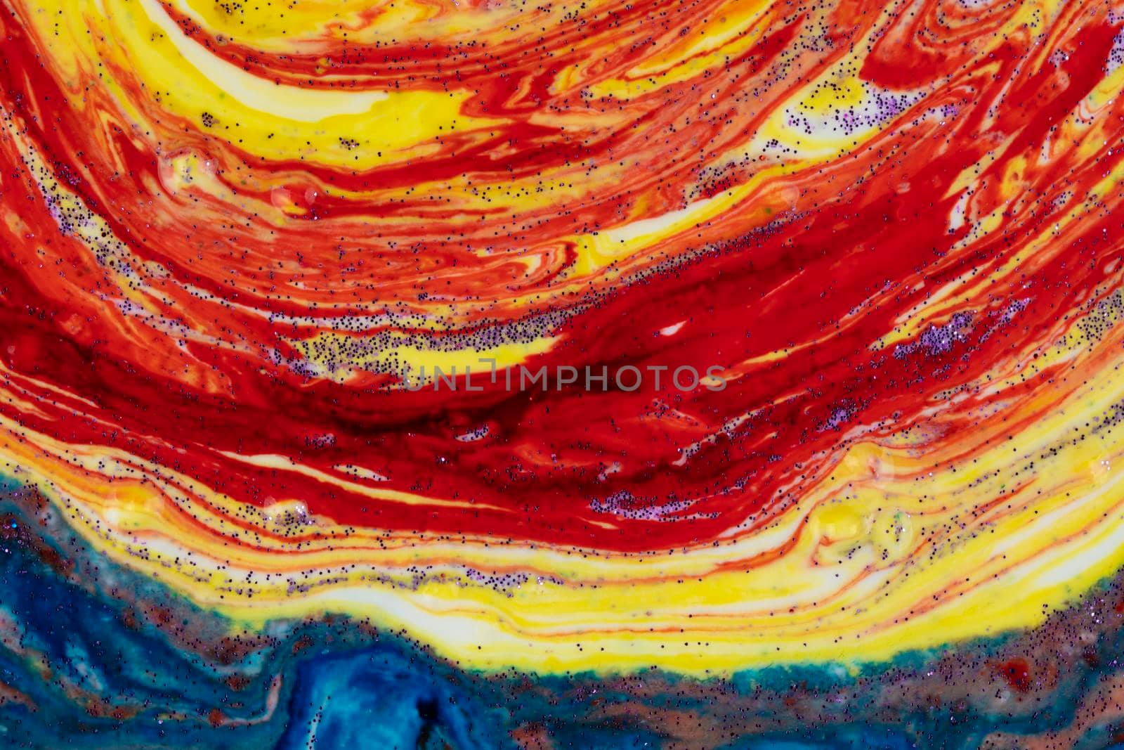 Bright blue acrylic stain with bright yellow. Marble colorful texture. A semicircle smeared with paints that looks like a celestial mantle. Abstract painting.