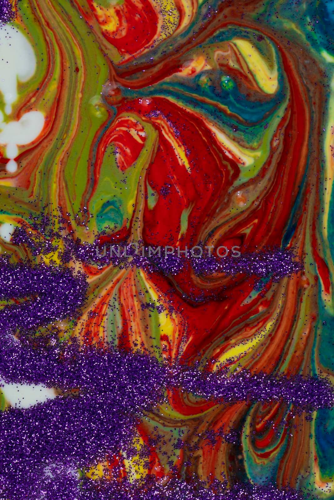 A vertical background of many textures, shapes and materials. Purple sparkles are scattered on a multicolored acrylic background.